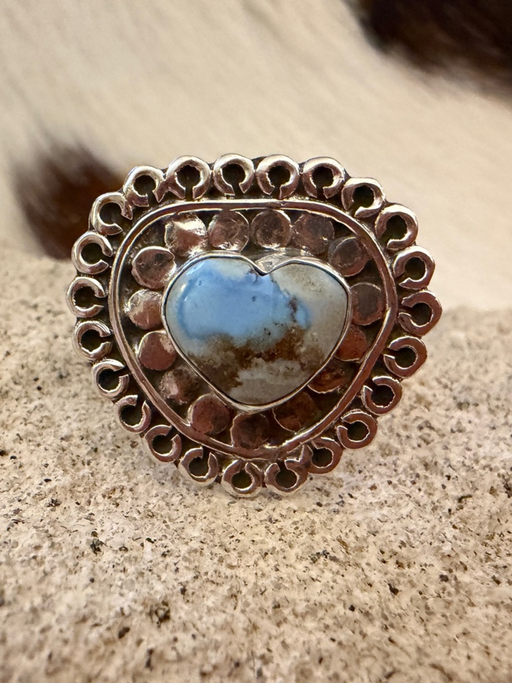 ❤️ Golden Hills Turquoise Decorative Heart Size 8.5 Ring Sterling Silver 7.9 Gm